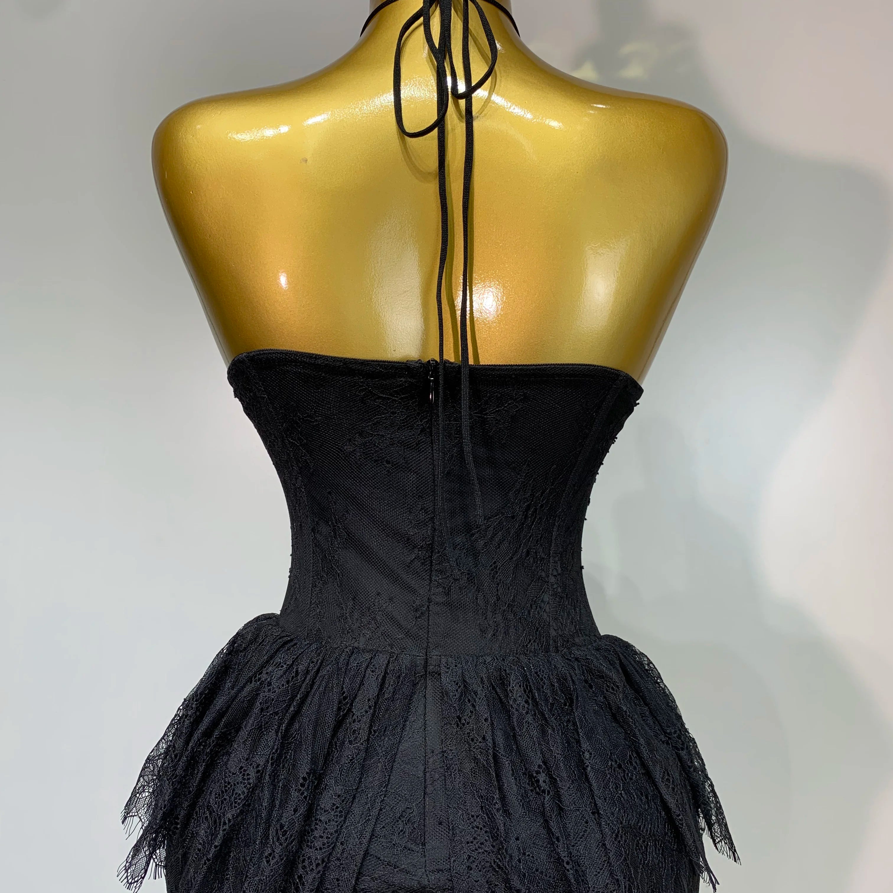 Luxury Sexy Lace Halter Flower Ruffles Long Dress Women Black Sleeveless Backless Bodycon Dresses Evening Party Birthday Dress