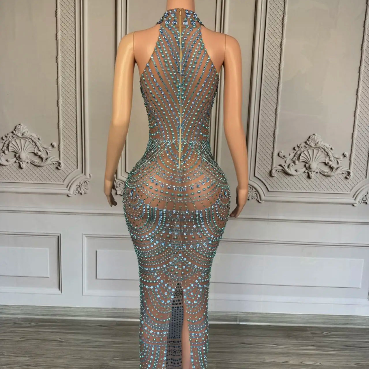 Luxury Couture Rhinestone Elegant Evening Dress Women Birthday Celebrate Party Gown Sexy Mesh See Through Photo Shoot Dress Miwu