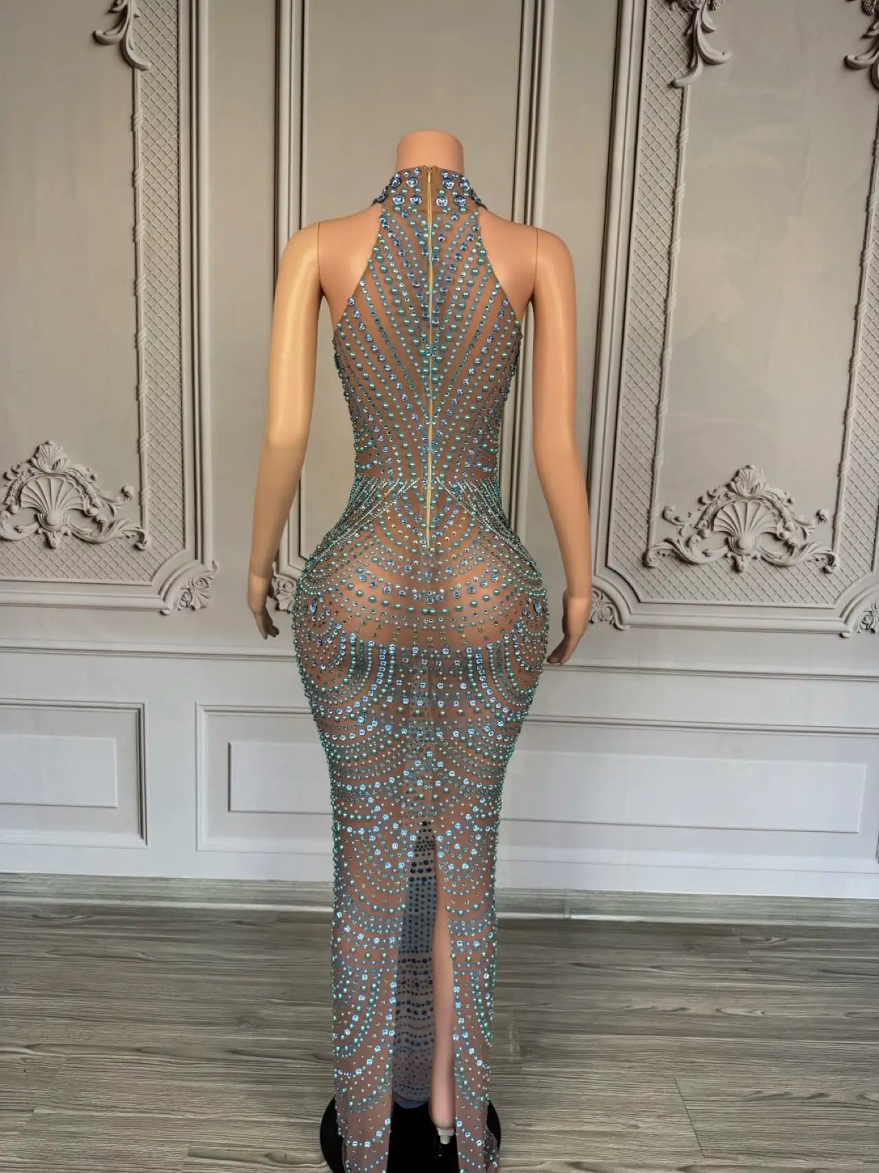 Luxury Couture Rhinestone Elegant Evening Dress Women Birthday Celebrate Party Gown Sexy Mesh See Through Photo Shoot Dress Miwu