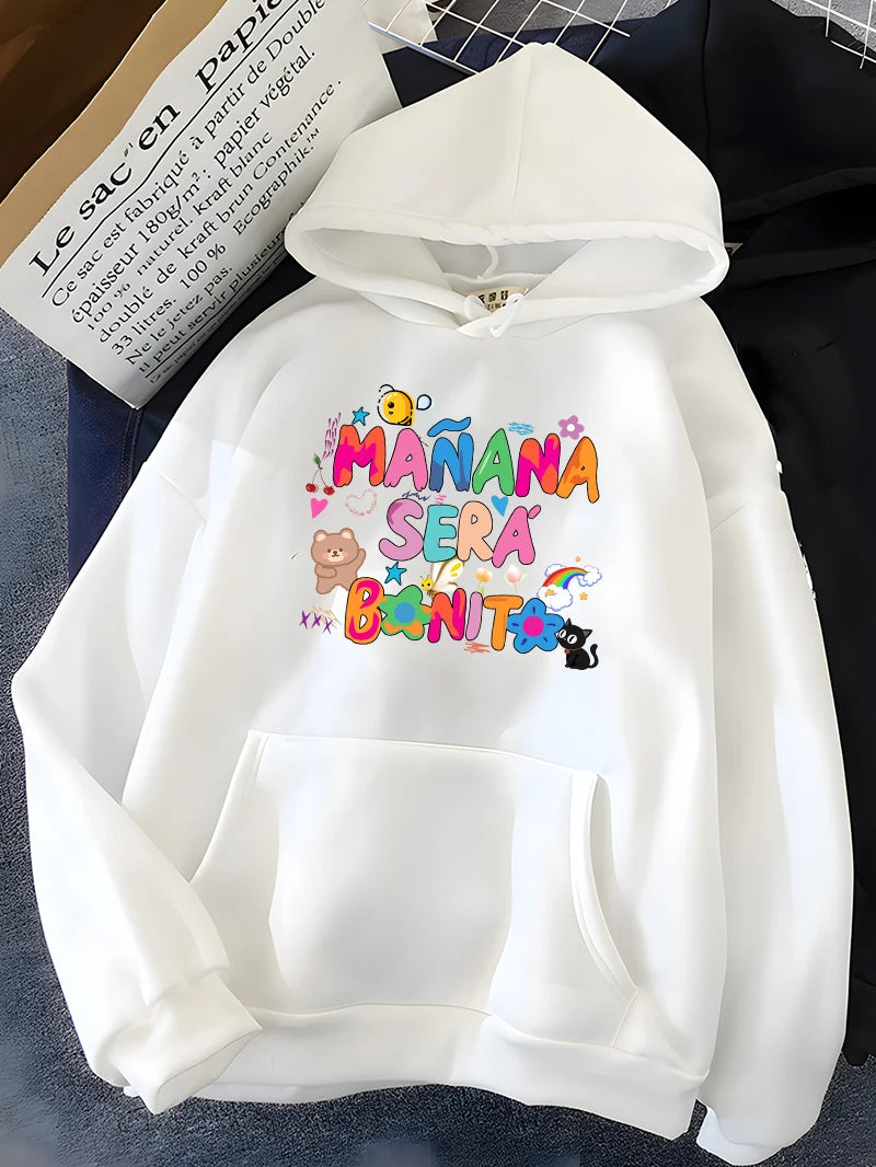 Rainbow Letter Print Women Sweatshirt Soft Warm Casual Female Hoodies Autumn Loose Fleece Tops for Girls White