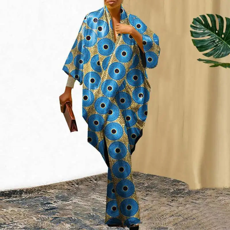 Plus Size 5XL VONDA Elegant Women Pants Sets 2024 3/4 Sleeve Elastic Waist Tops Trousers Casual Pleated Wide Leg Pants Suits Blue