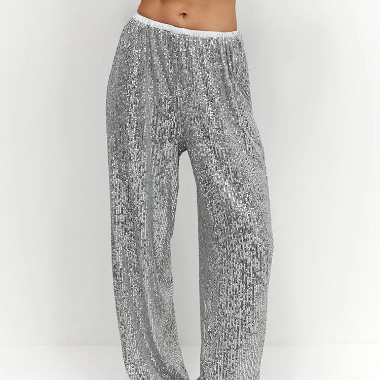 Women Pants Spring Autumn High Waist Straight Long Wide leg Sequins pants Female Casual Female Long Pants Trousers Silver
