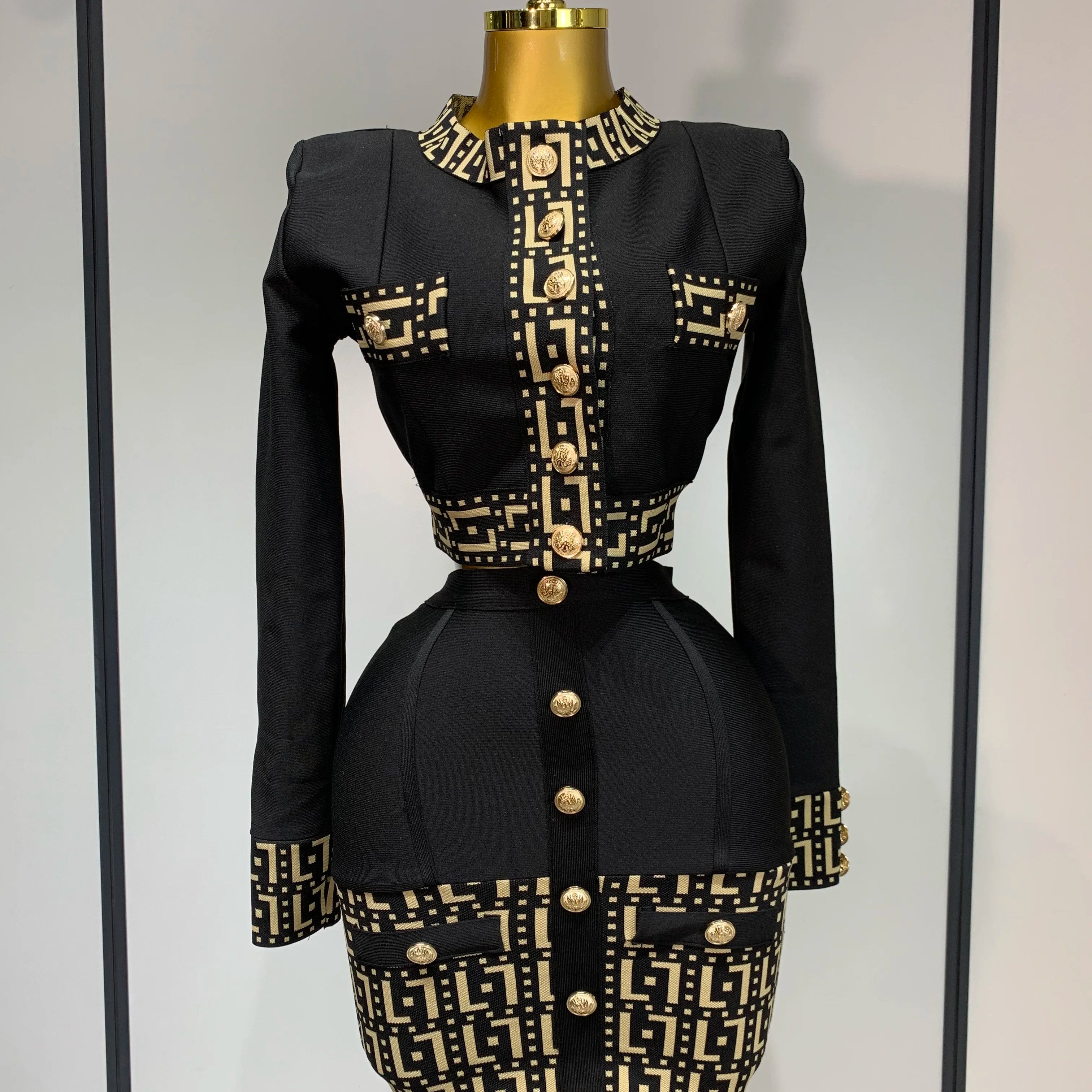Women Black Long Sleeves Two Pieces Bandage Set Bottons Top Bodycon Mini Skirt Suit Evening Party Luxury Birthday Women's Outfit