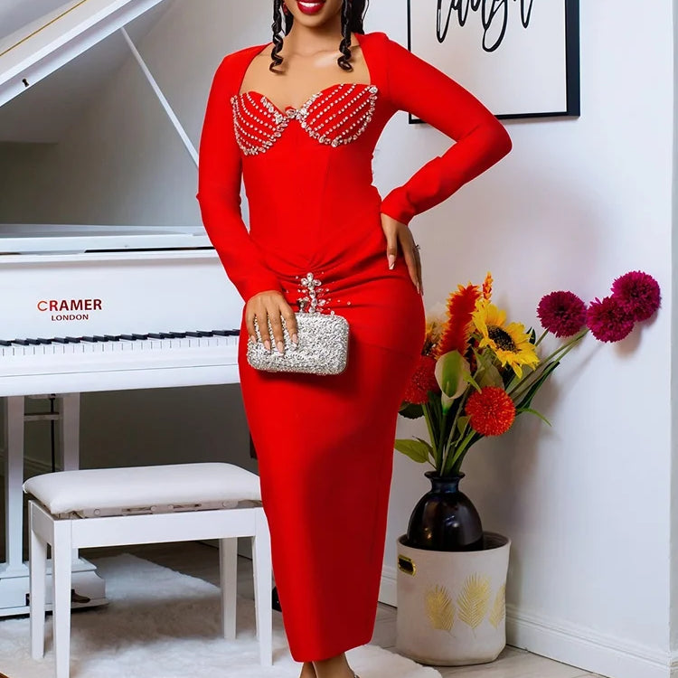 VC Radiant Red Long Sleeved Midi Dress with Crystal Embellishments for a Gala Event Evening Gown