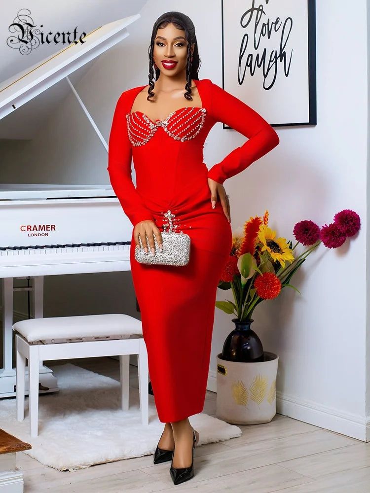 Radiant Red Long Sleeved Midi Dress with Crystal Embellishments for a Gala Event Evening Gown