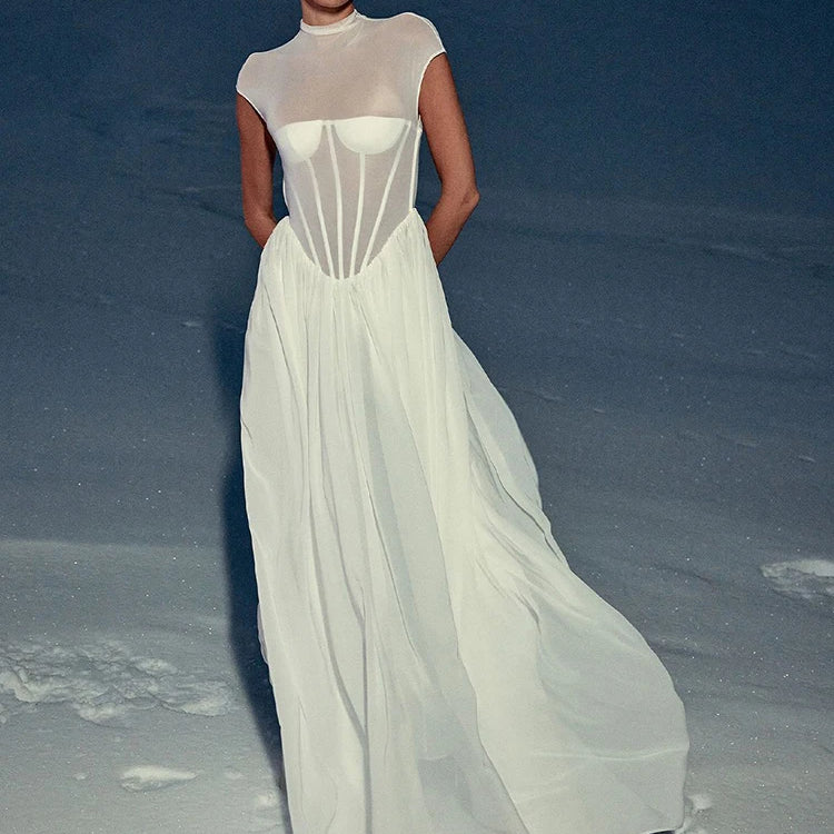 Romantic Ethereal High-Neck Bridal-Inspired Sheer White Maxi Dress for Wedding Party Evening Gown