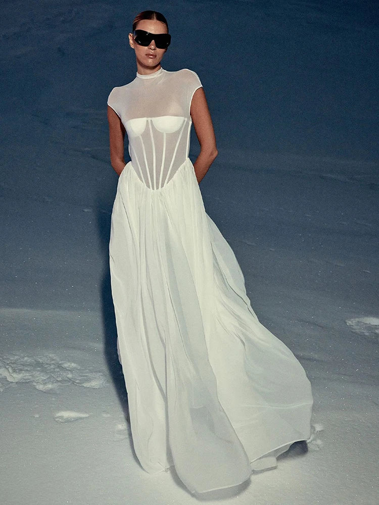 Romantic Ethereal High-Neck Bridal-Inspired Sheer White Maxi Dress for Wedding Party Evening Gown