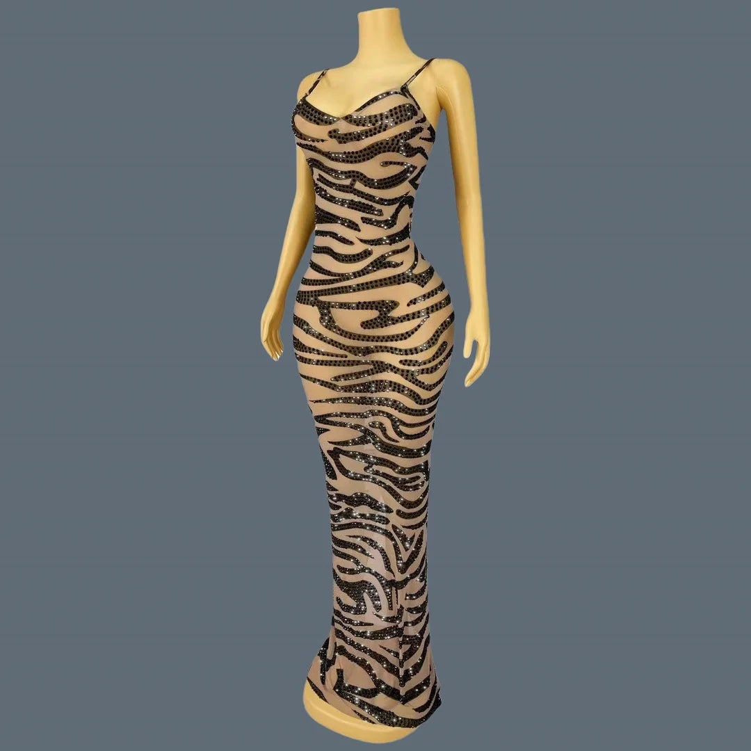 New Black Rhinestone Sheer Mesh Leopard Print Strap Chic Gown for Nice Figure Women Birthday Party Queen Maxi Dress Modengbaowen