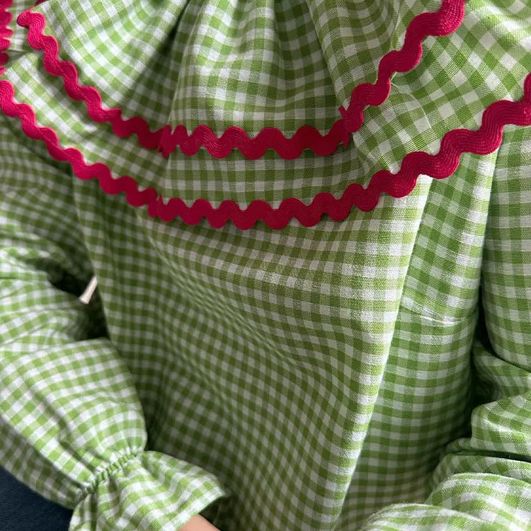 Spring Women Green Plaid Print Puff Sleeve T Shirt Elegant Casual Loose Ruffles O Neck Tops New Female Commute Streetwear