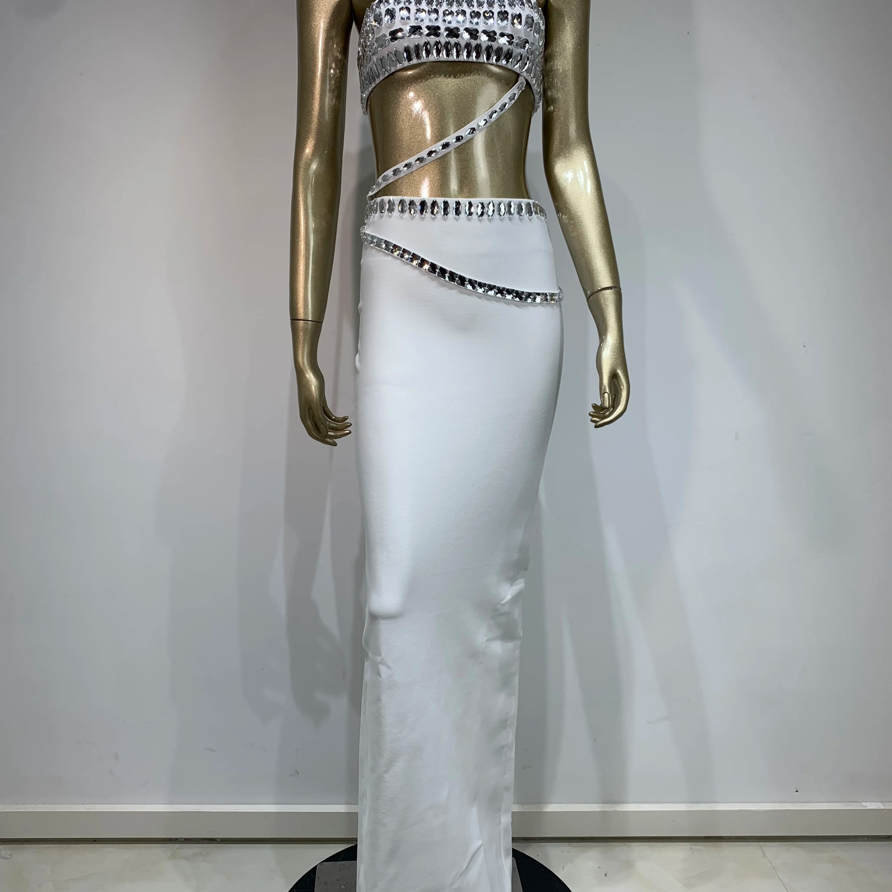 New Women Summer Celebrity Sexy Beading Split Maxi Long White Bandage Skirt Set 2024 Knitted Elegant Evening Club Party Clothing