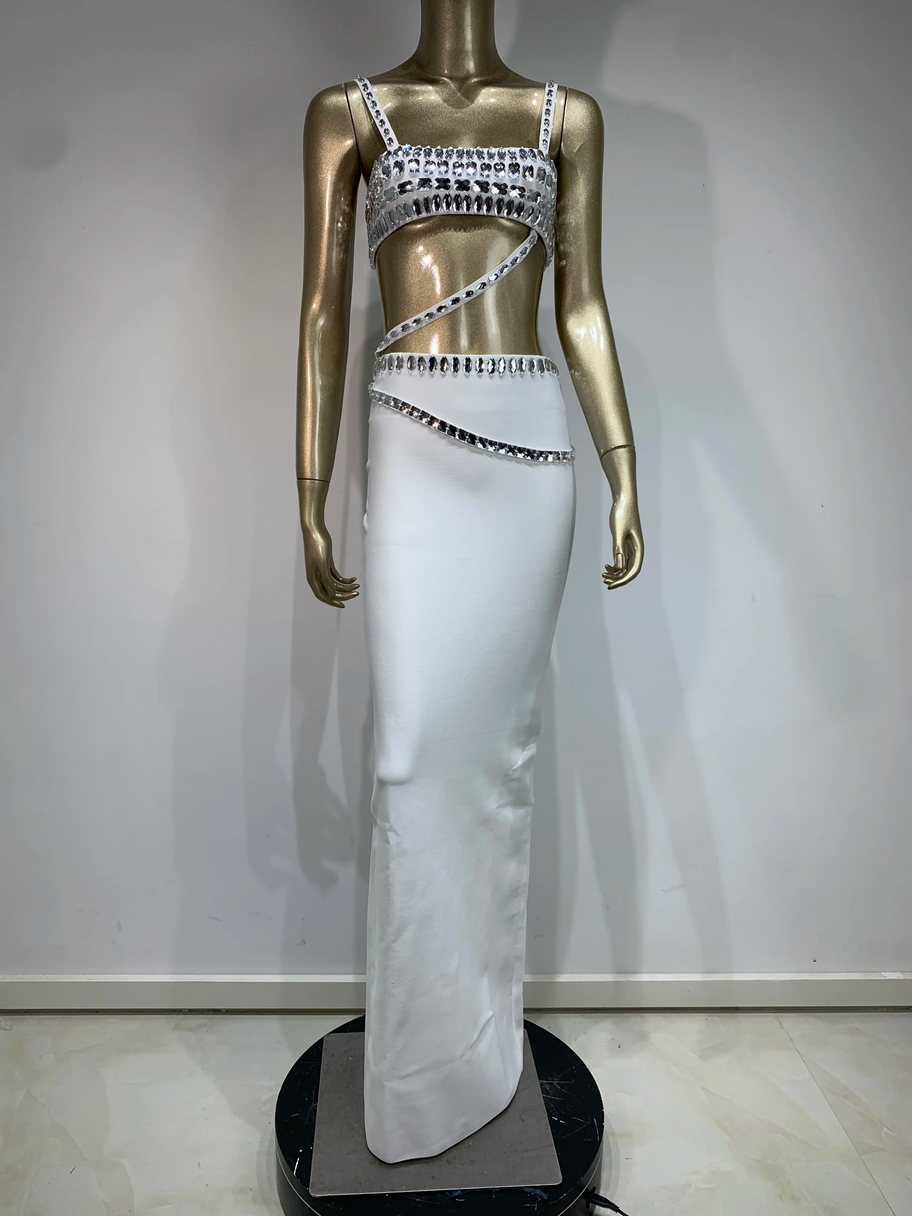New Women Summer Celebrity Sexy Beading Split Maxi Long White Bandage Skirt Set 2024 Knitted Elegant Evening Club Party Clothing