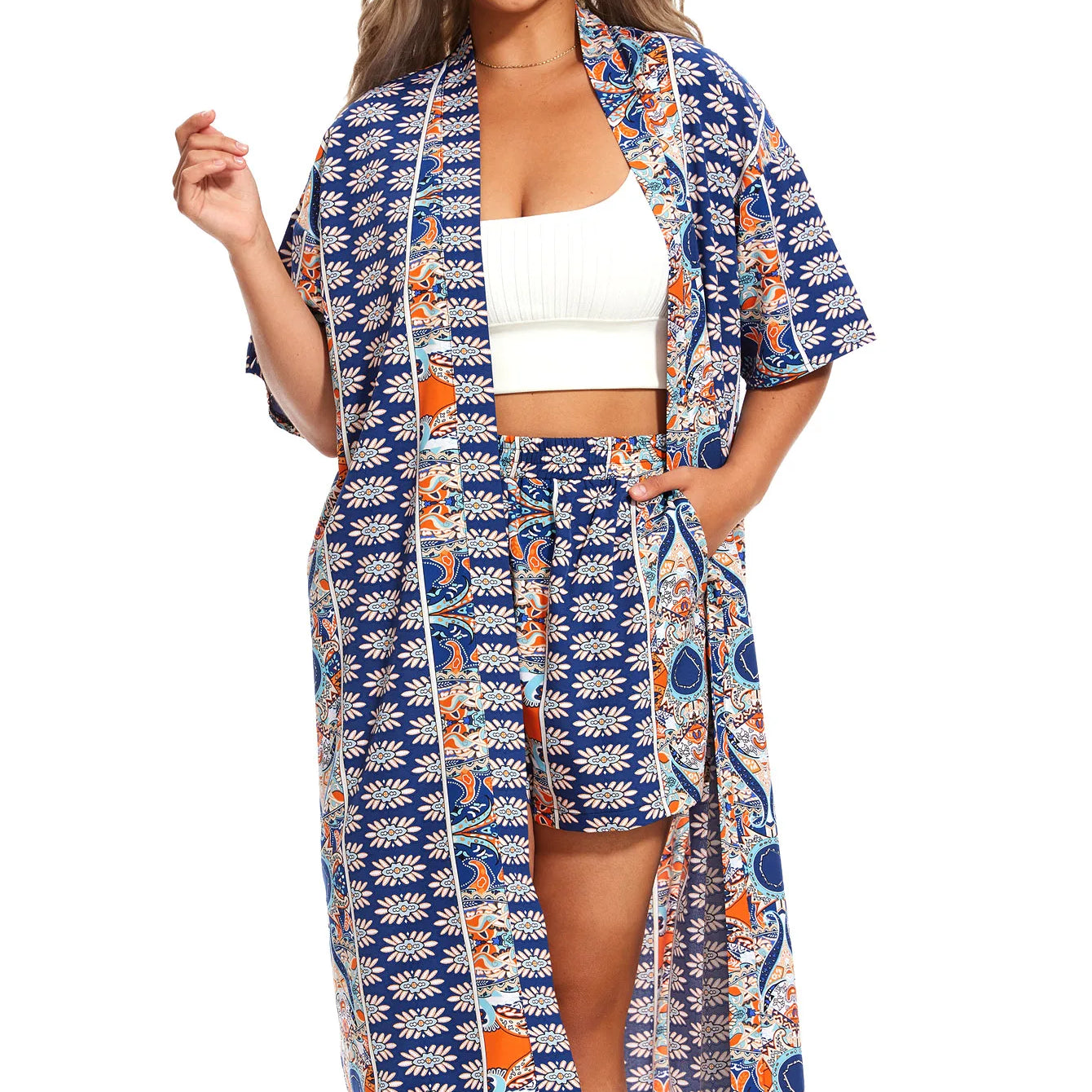 Plus Size Print Two-piece Set, Short Sleeve Open Front Kimono & Elastic Waist Shorts Outfits, Women's Plus Size Clothing XXL