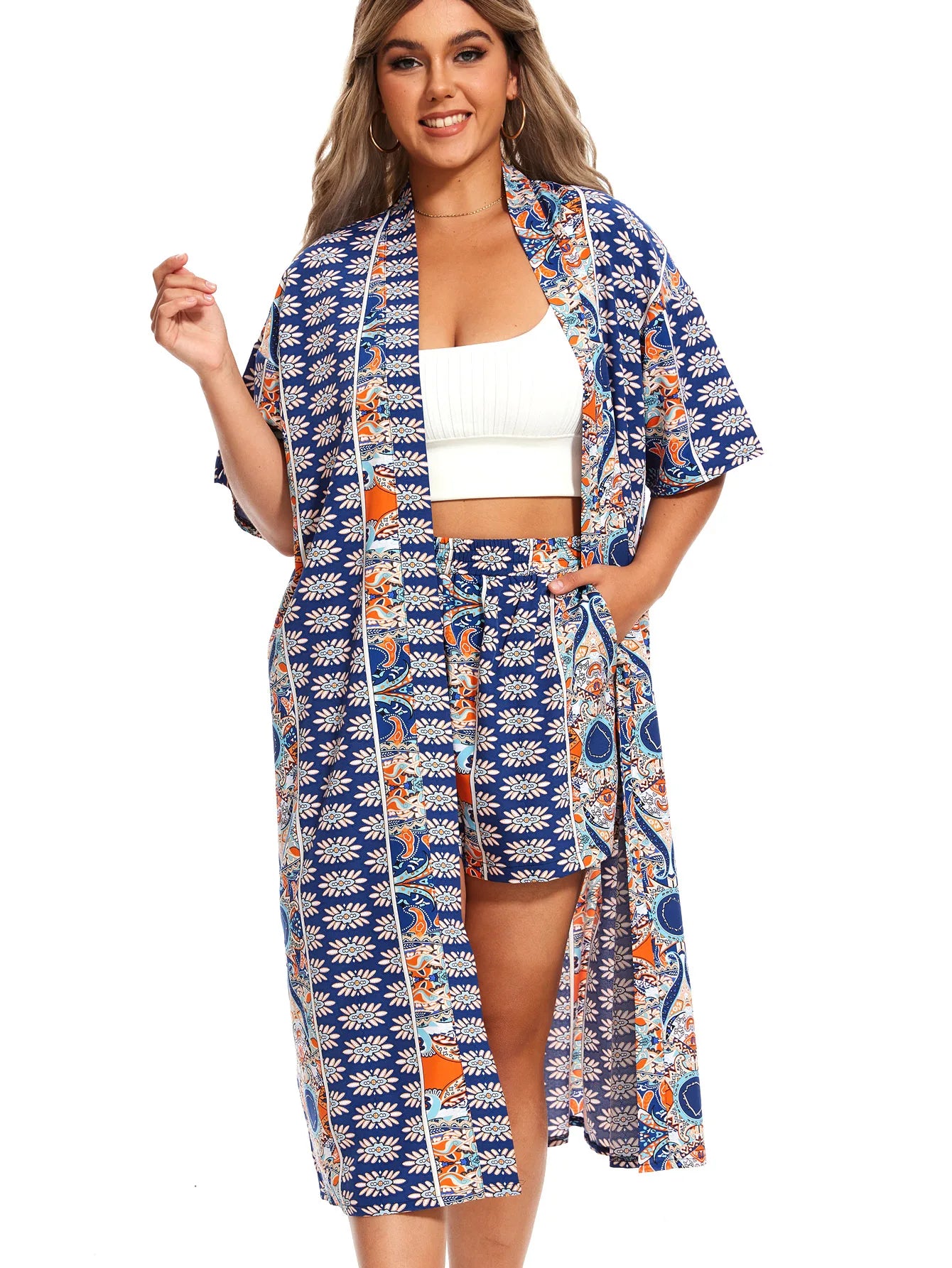 Plus Size Print Two-piece Set, Short Sleeve Open Front Kimono & Elastic Waist Shorts Outfits, Women's Plus Size Clothing XXL