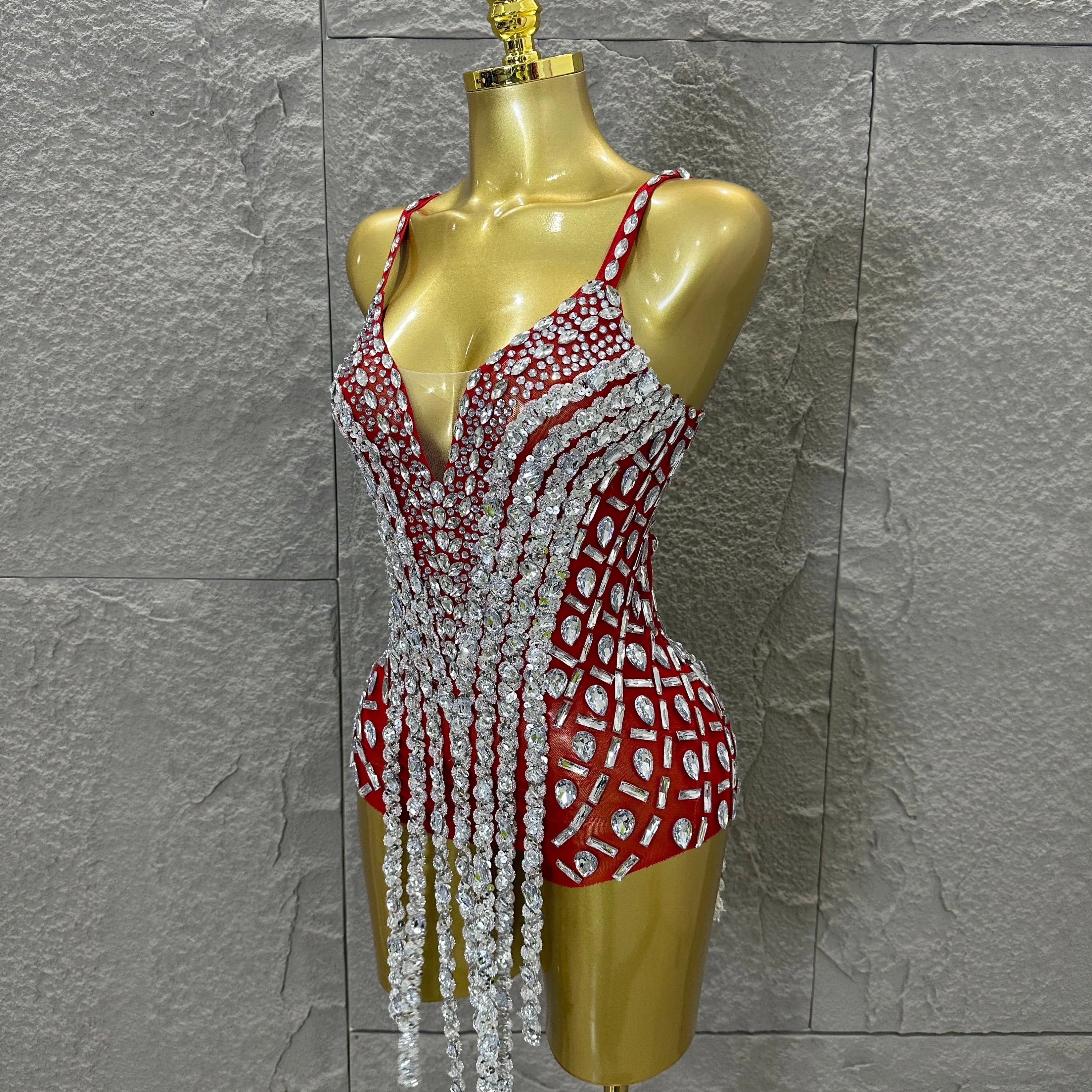 Sexy Sheer Mesh Bodysuit Women Spaghetti Strap V-Neck Full Crystal Embellished Fringe Bodycon Outfit Stage Performance Costume