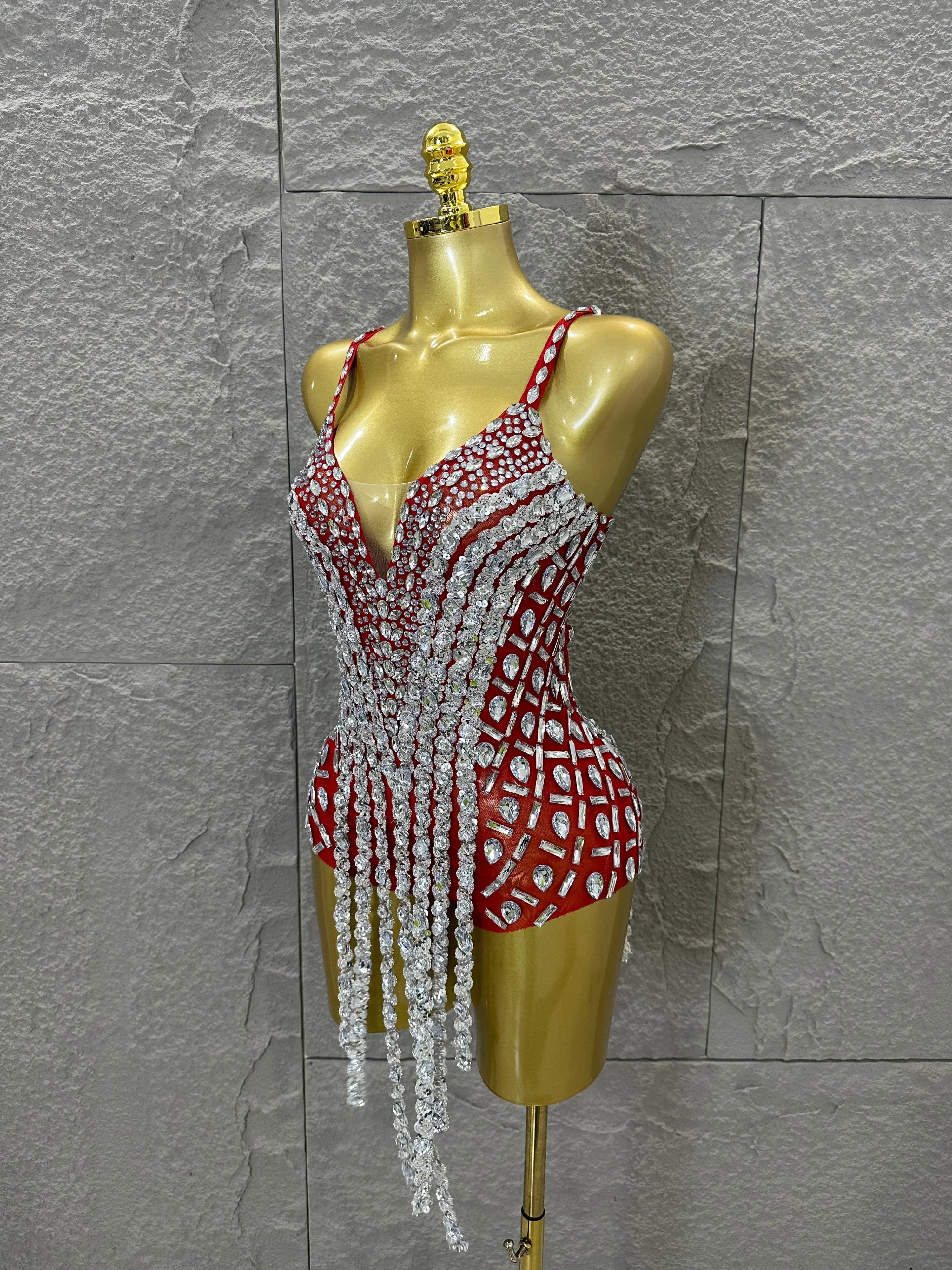 Sexy Sheer Mesh Bodysuit Women Spaghetti Strap V-Neck Full Crystal Embellished Fringe Bodycon Outfit Stage Performance Costume