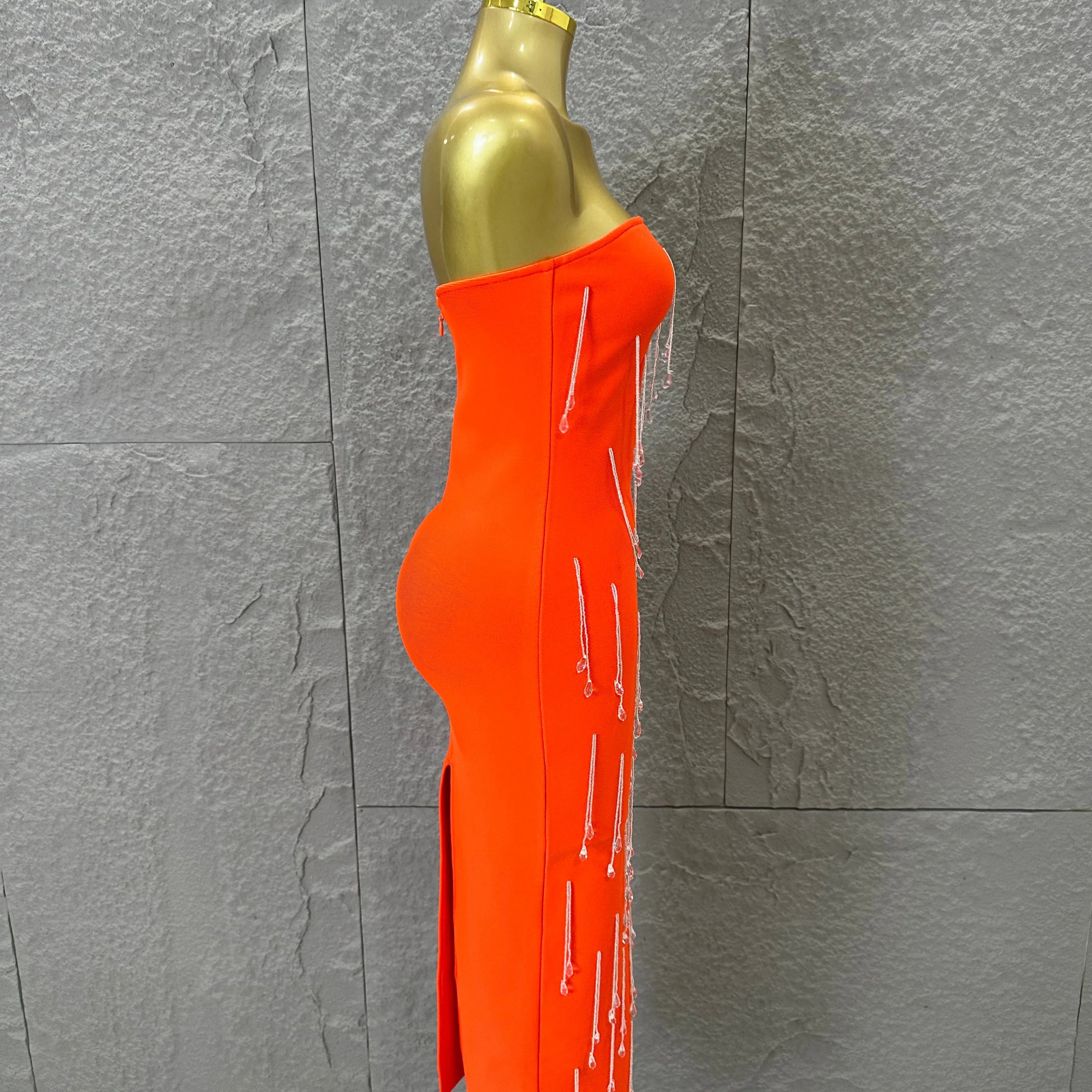 Elegant Orange Crystal Tassel Midi Dress Women Sexy Strapless Rhinestone Fringe Bodycon Slim-fit Outfit Evening Gala Costume