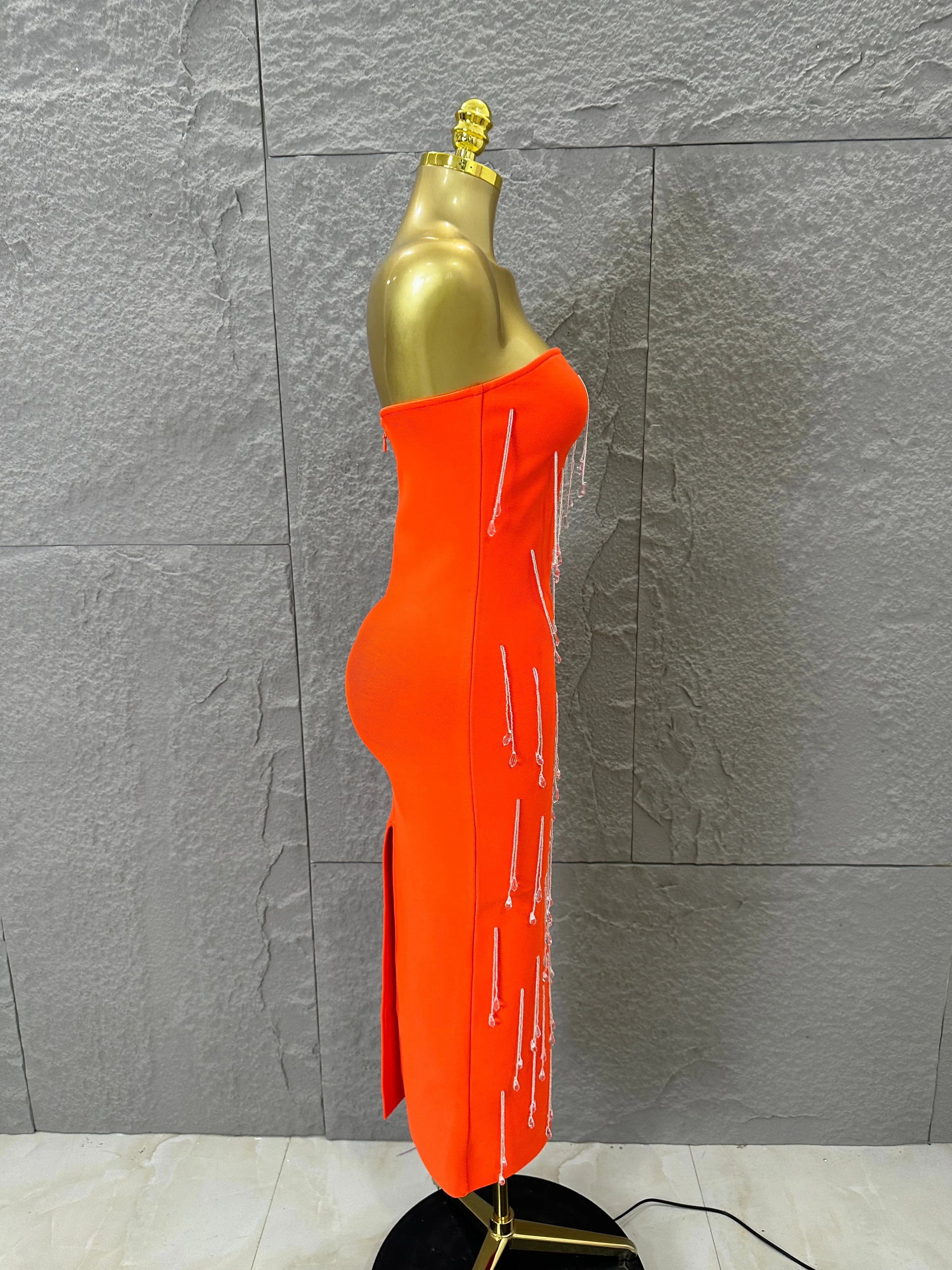 Elegant Orange Crystal Tassel Midi Dress Women Sexy Strapless Rhinestone Fringe Bodycon Slim-fit Outfit Evening Gala Costume