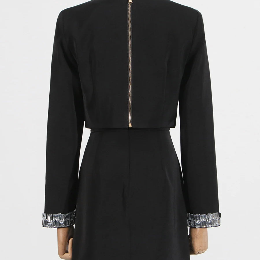 Solid Slimming Spliced Bead Two Piece Sets for Women Round Neck Long Sleeves Short Top High Wasit Skirt Set Female