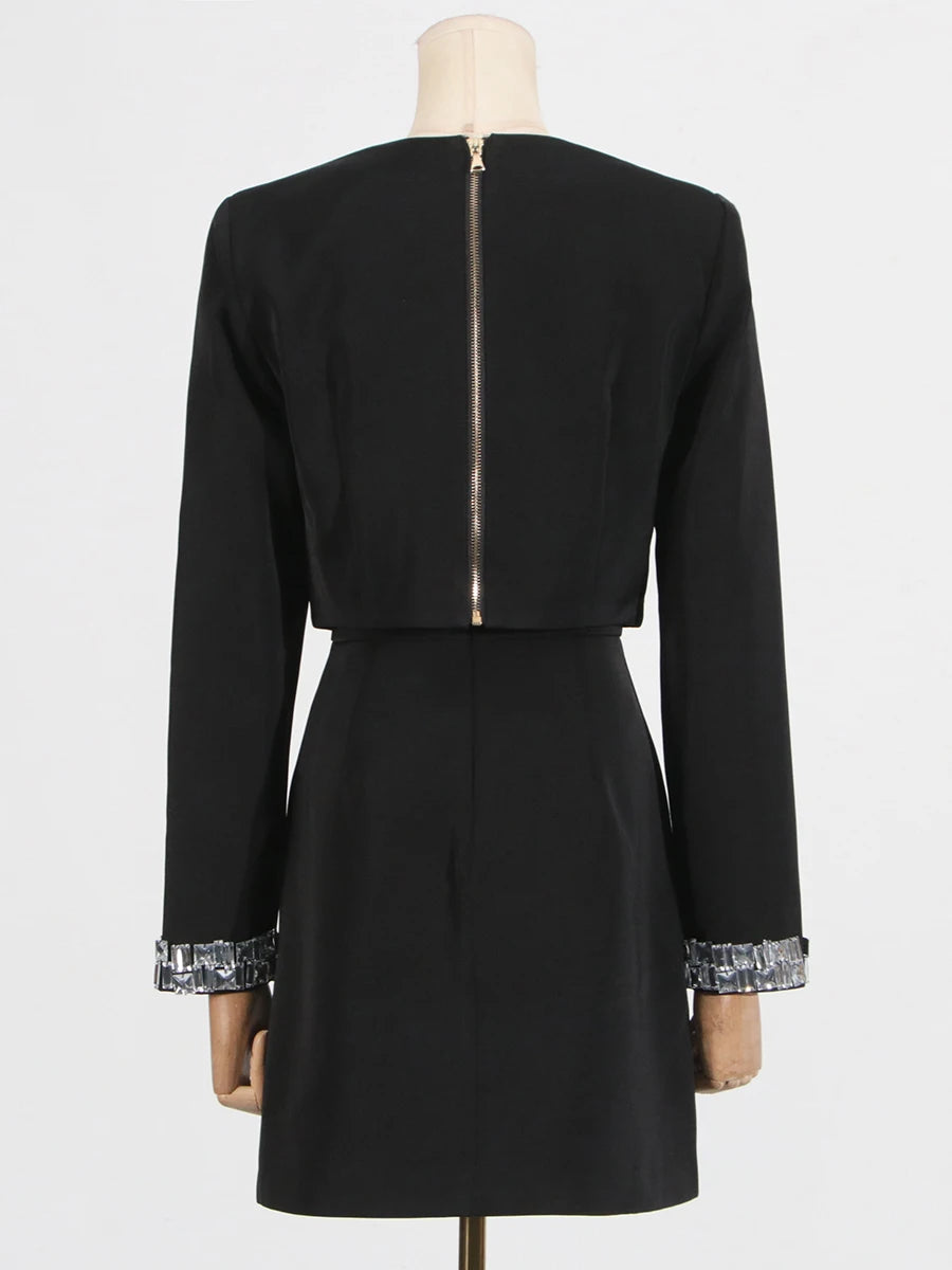 Solid Slimming Spliced Bead Two Piece Sets for Women Round Neck Long Sleeves Short Top High Wasit Skirt Set Female