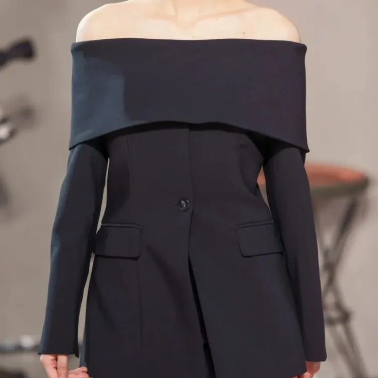 Solid Temperament Blazers For Women Slash Neck Long Sleeve Patchwork Pocket Minimalist Slim Blazer Female Fashion