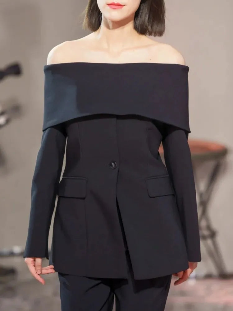 Solid Temperament Blazers For Women Slash Neck Long Sleeve Patchwork Pocket Minimalist Slim Blazer Female Fashion