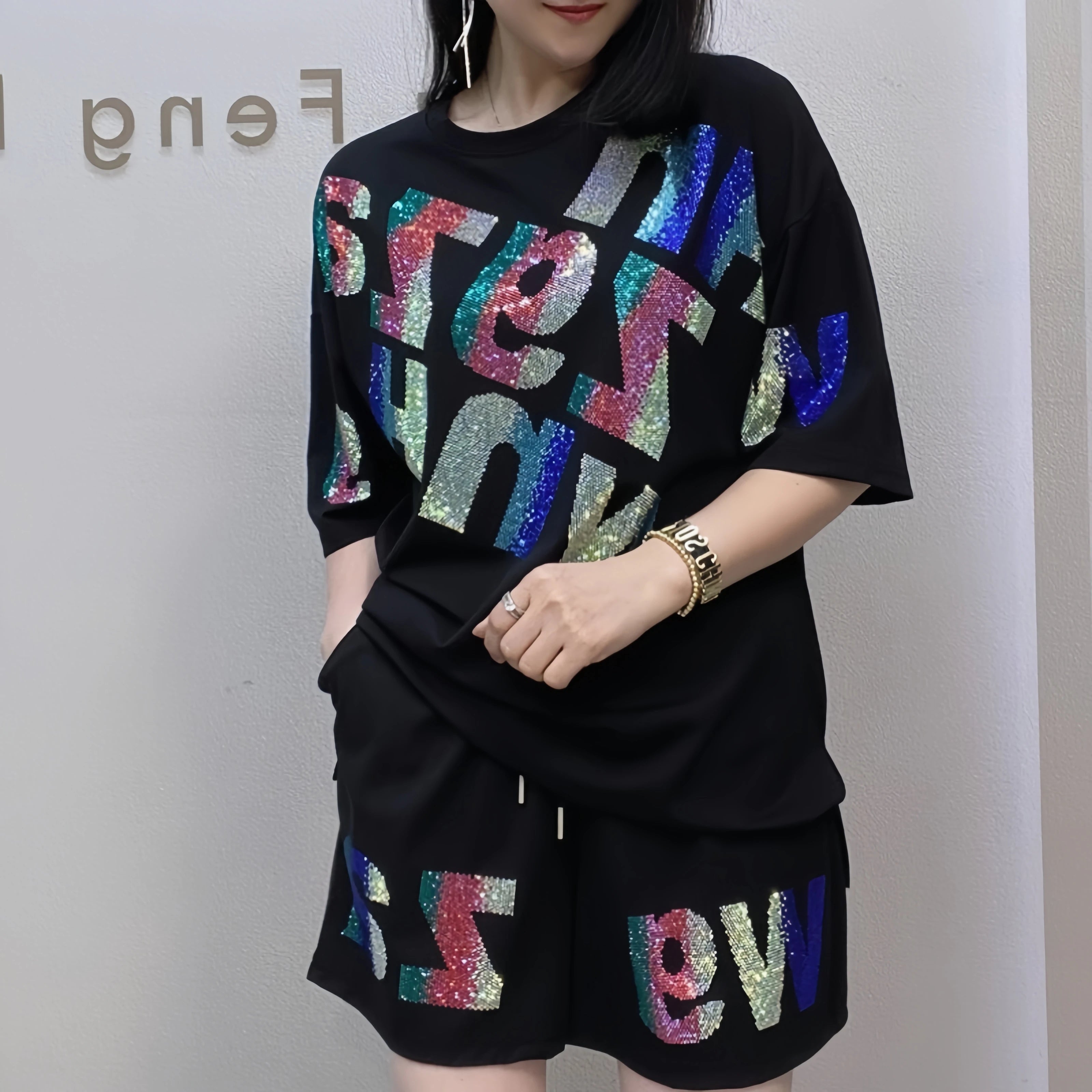 Oversized summer short-sleeved T-shirt and shorts casual set, Rhinestone wide-leg pants two-piece women's set black