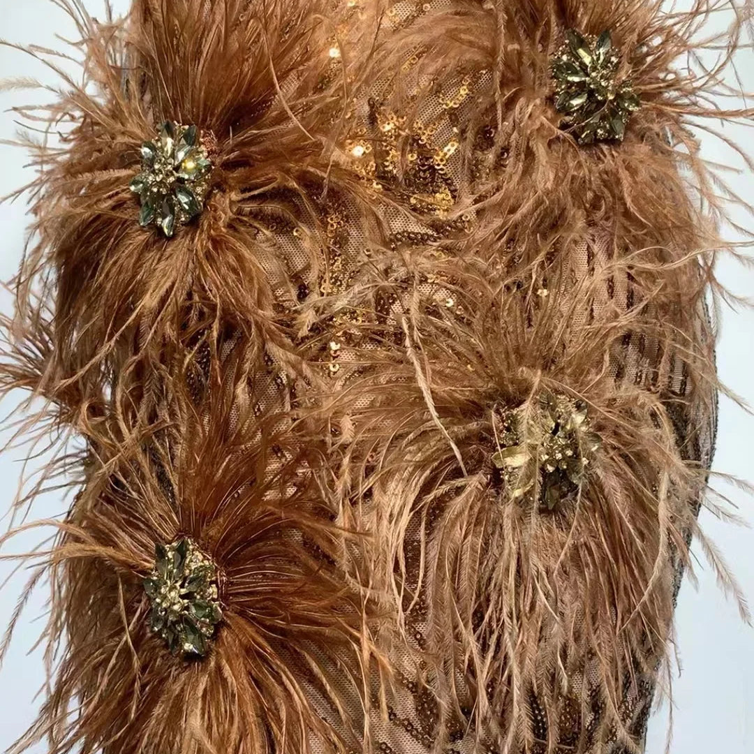 Gold Feathers Sleeveless Bodycon Dress Elegant Evening Party Dress Vestidos