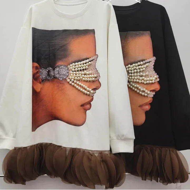 Autumn New Design Long Sleeve Loose Printed Mesh Lace Sweatshirt For Women Versatile Casual Pullover Trend 11A07706
