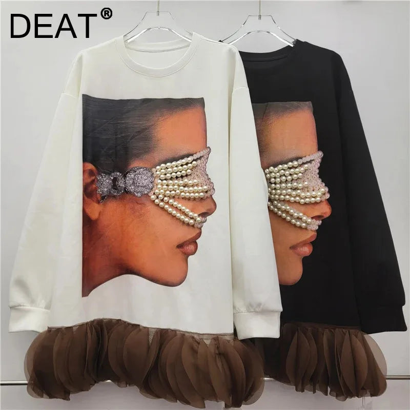 Autumn New Design Long Sleeve Loose Printed Mesh Lace Sweatshirt For Women Versatile Casual Pullover Trend 11A07706