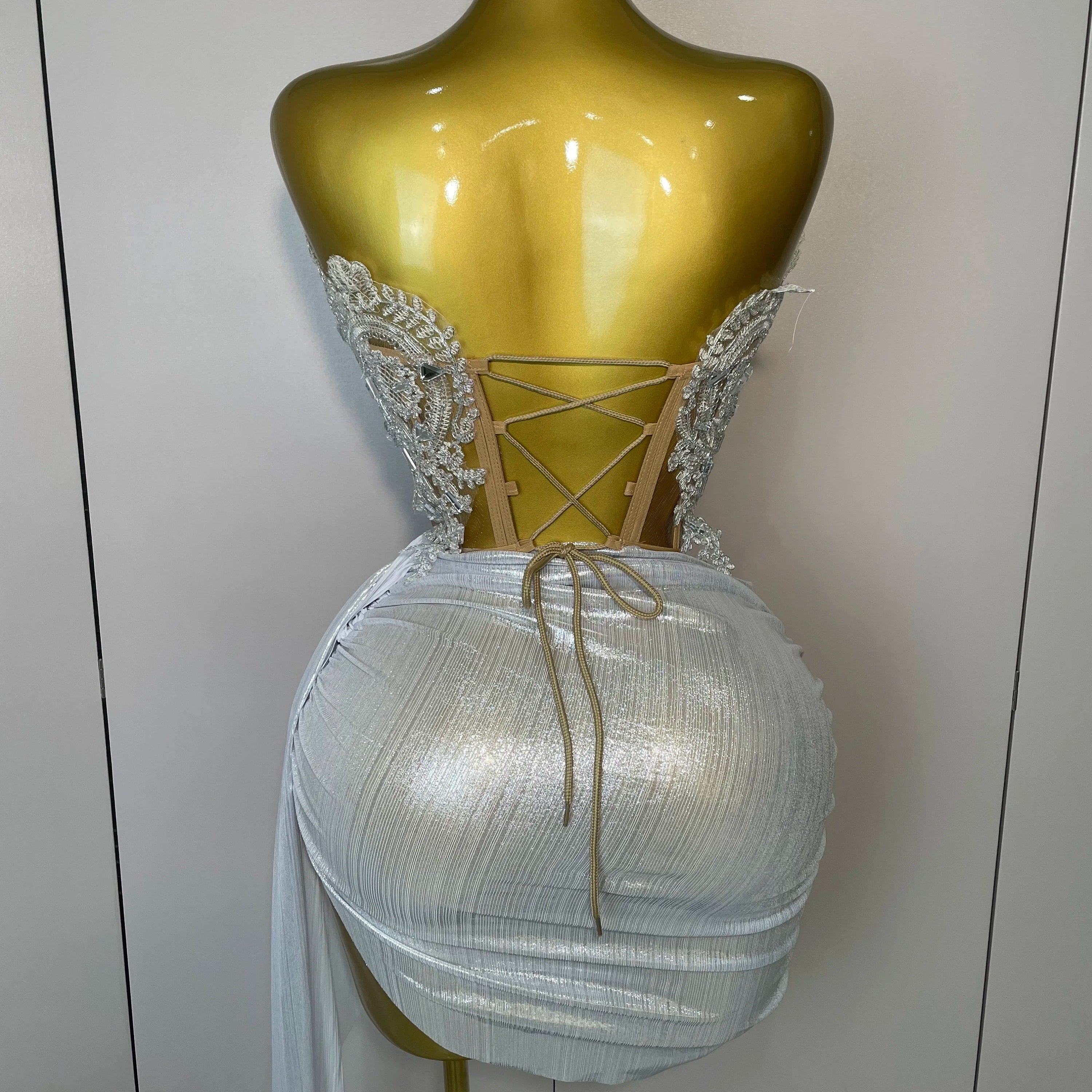 Sparkly Silver Sequins Sexy Strapless Short Dress 2Pcs Set Newest 2025 Women Party Birthday Nightclub Singer Dancer Stage Wear