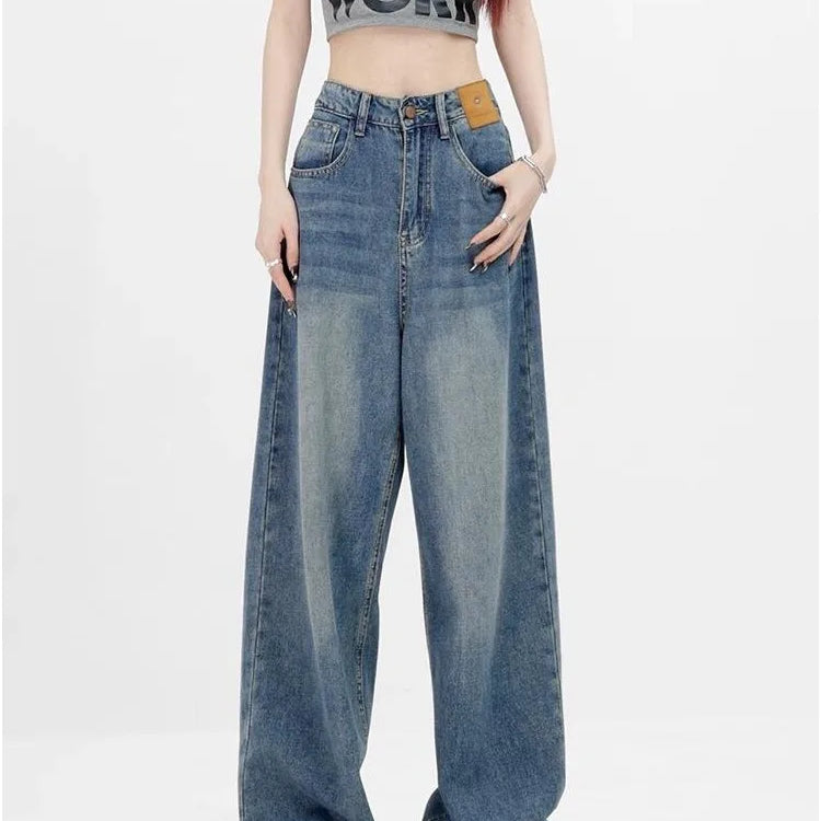 Women Retro Aesthetic Wide Leg Baggy Casual Denim Trouser Harajuku Blue High Waist Loose Jeans Spring Fashion Pants