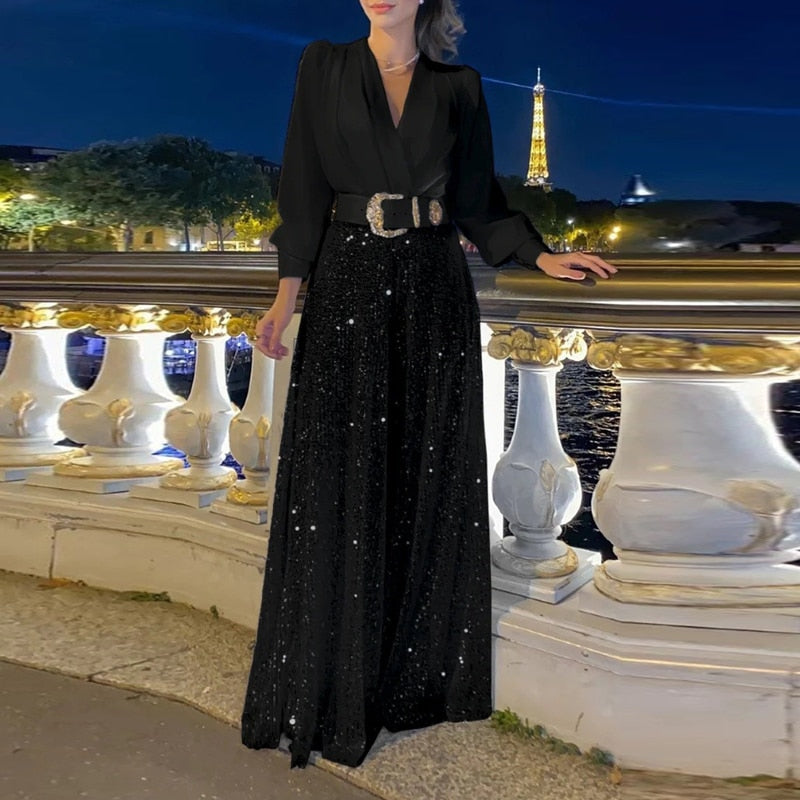 Women Long-Sleeved Shirt Sequin Wide-Leg Pant Jumpsuits 2024 Spring Summer Solid Color Loose Playsuit Casual V Neck Party Romper