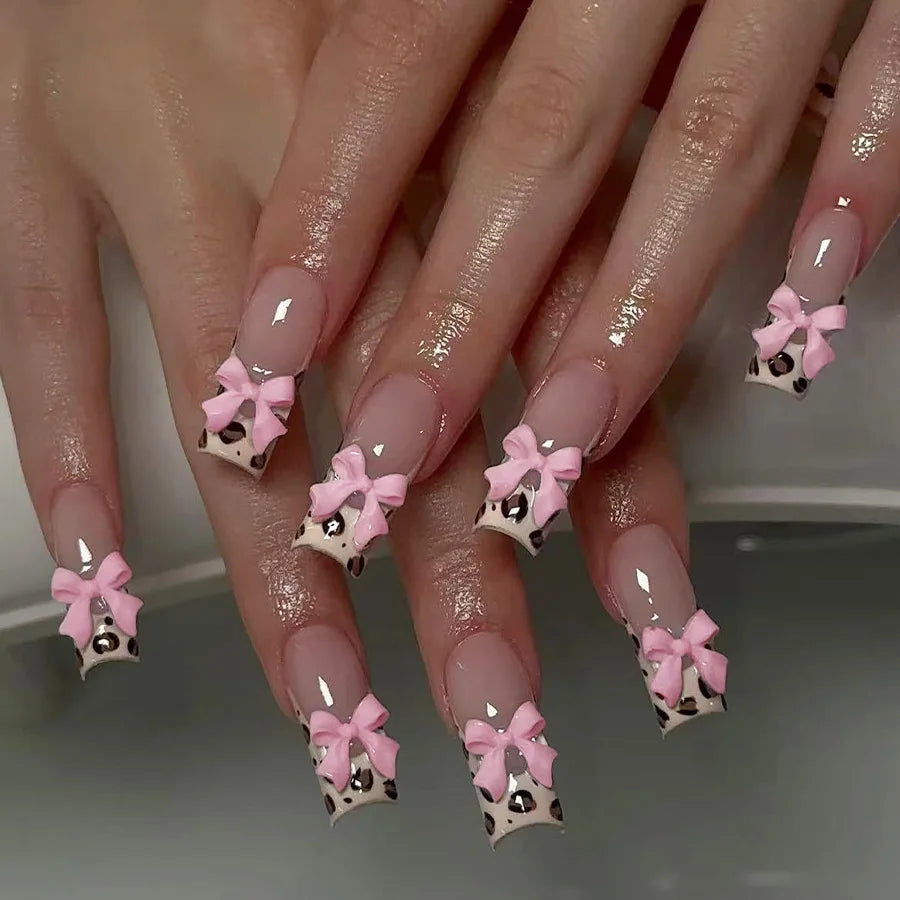 24pcs/set Short Medium fake nails for women girls 3D cute pink bow flowers leopard french square almond tips press on false nail 2560
