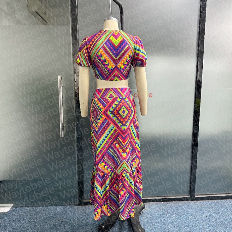 Waytobele Women Maxi Dress Summer Fashion V Neck Short Puff Sleeve Hollow Out Printed Beach Party Dresses High Streetwear