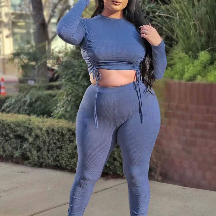 Sexy Plus Size Women Clothing Ribbed Long Sleeve Crop Top and Pants Sets Bodycon Ladies 2 Piece Outfits Wholesale Dropshipping PURPLE