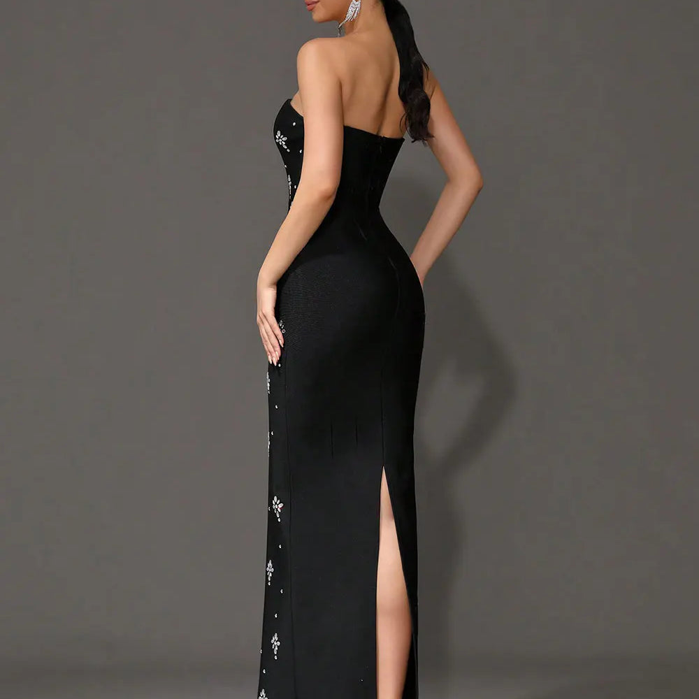 2024 Sexy Women'S Light Luxury Rhinestone Bandage Dress Strapless Sleeveless Bodycon Backless Long Dress Christmas Party Vestido