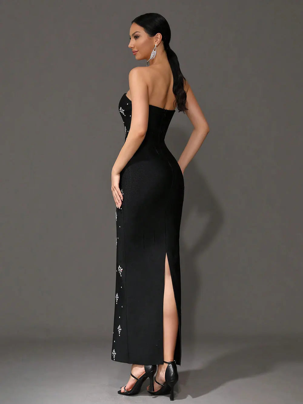 2024 Sexy Women'S Light Luxury Rhinestone Bandage Dress Strapless Sleeveless Bodycon Backless Long Dress Christmas Party Vestido