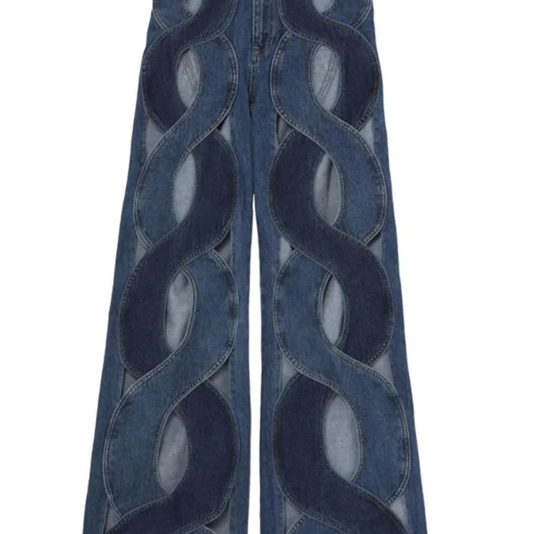 DEAT Fashion Women's Jeans High Waist Cross Contrast Color Hollow Out Metal Button Straight Denim Pants Summer New 17A8765H