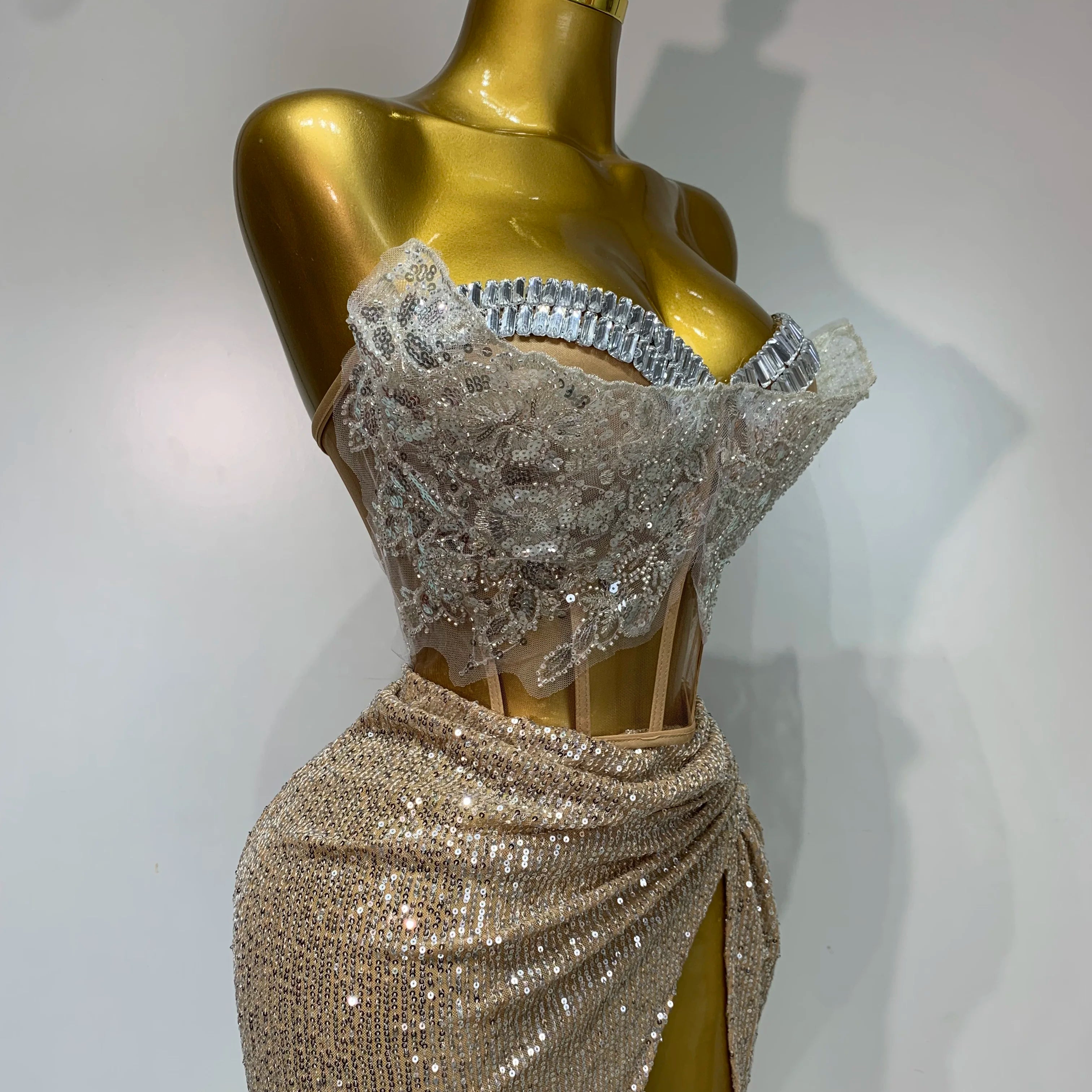 Women Sexy Singer Dancer Performan Costume Night Club Bar Girl Sparkly Sequins Diamond Party Two Piece Set Evening 0utfit