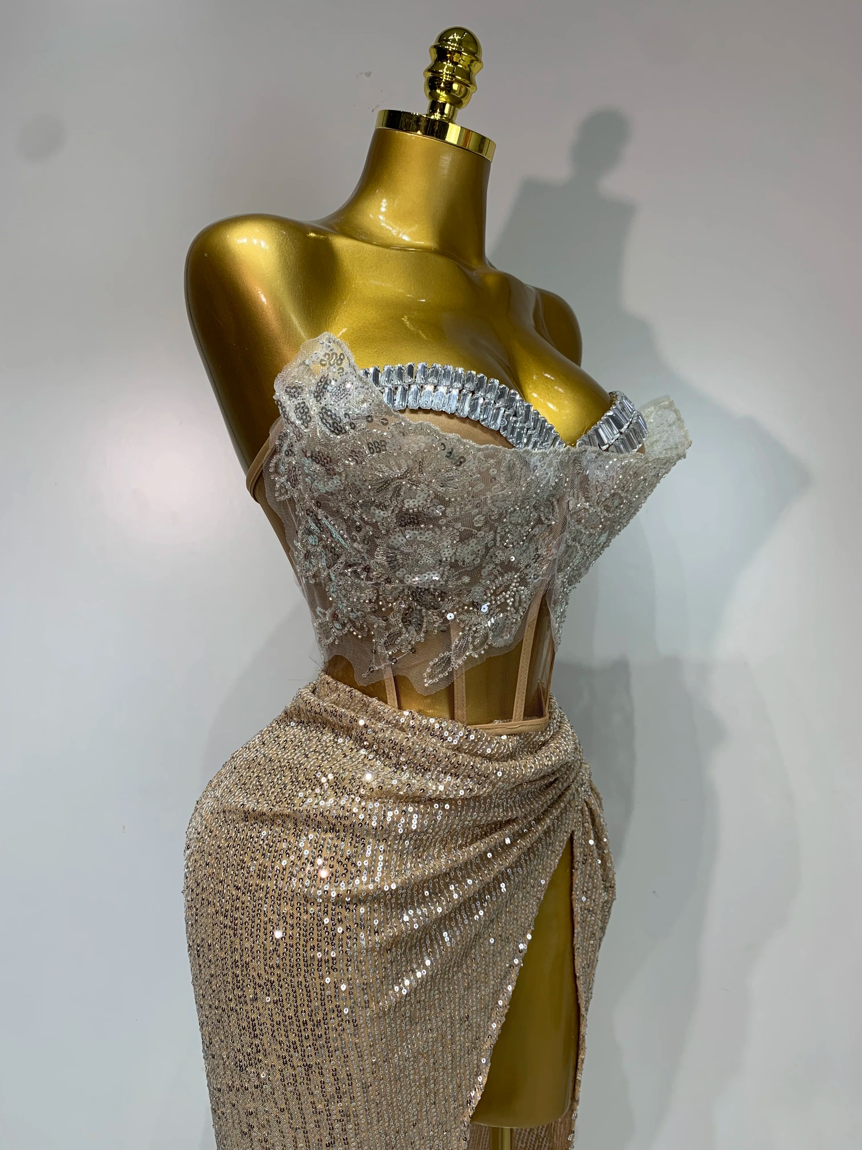 Women Sexy Singer Dancer Performan Costume Night Club Bar Girl Sparkly Sequins Diamond Party Two Piece Set Evening 0utfit