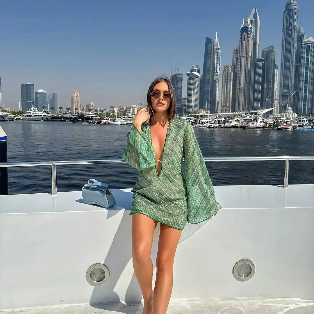 Summer Chic Shiny Striped Mini Dress Women Metal Ring Deep V-neck Flare Long Sleeve Robe New Female Evening Party Vestidos 2025 Green