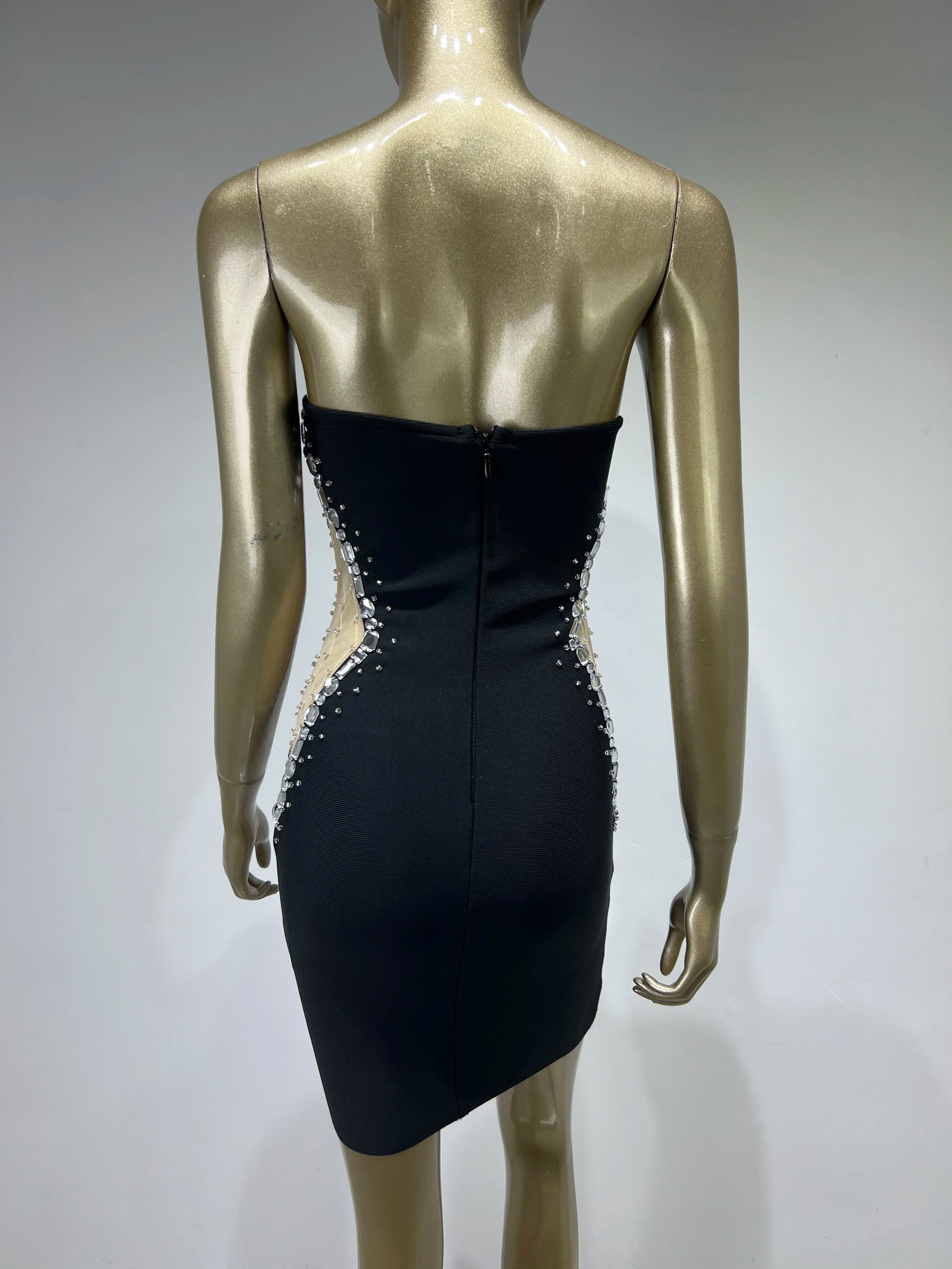 Luxury Women Summer Style Sexy Strapless Beading Diamonds Black Mini Bodycon Bandage Dress 2023 Elegant Evening Party Dress