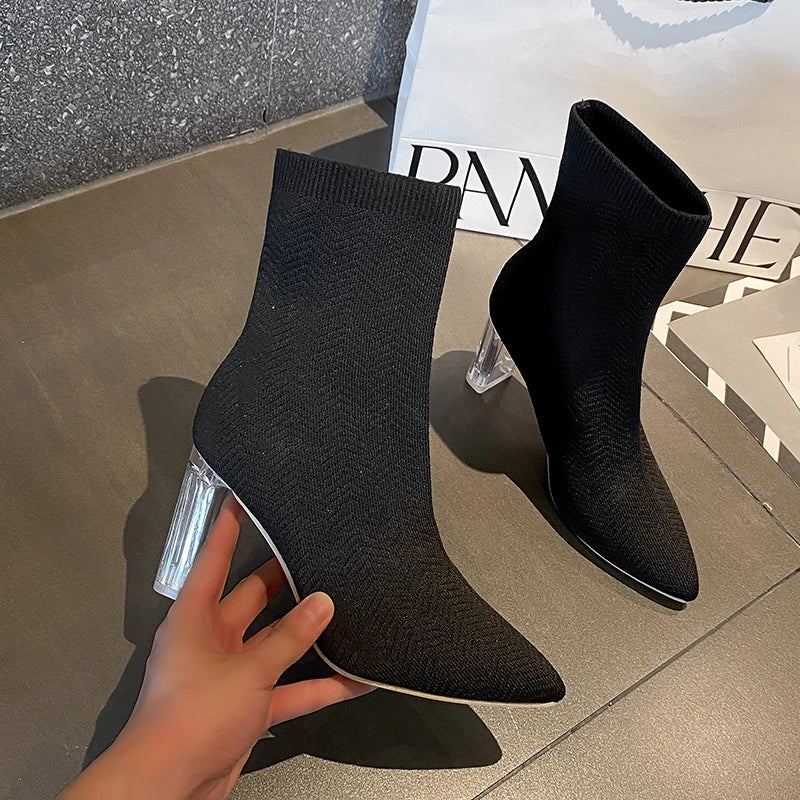 Winter Ladies Socks Boots Women's Elastic Fabric Elastic Stilettos Heel Pointy Booties Women's Shoes Boat Shoes