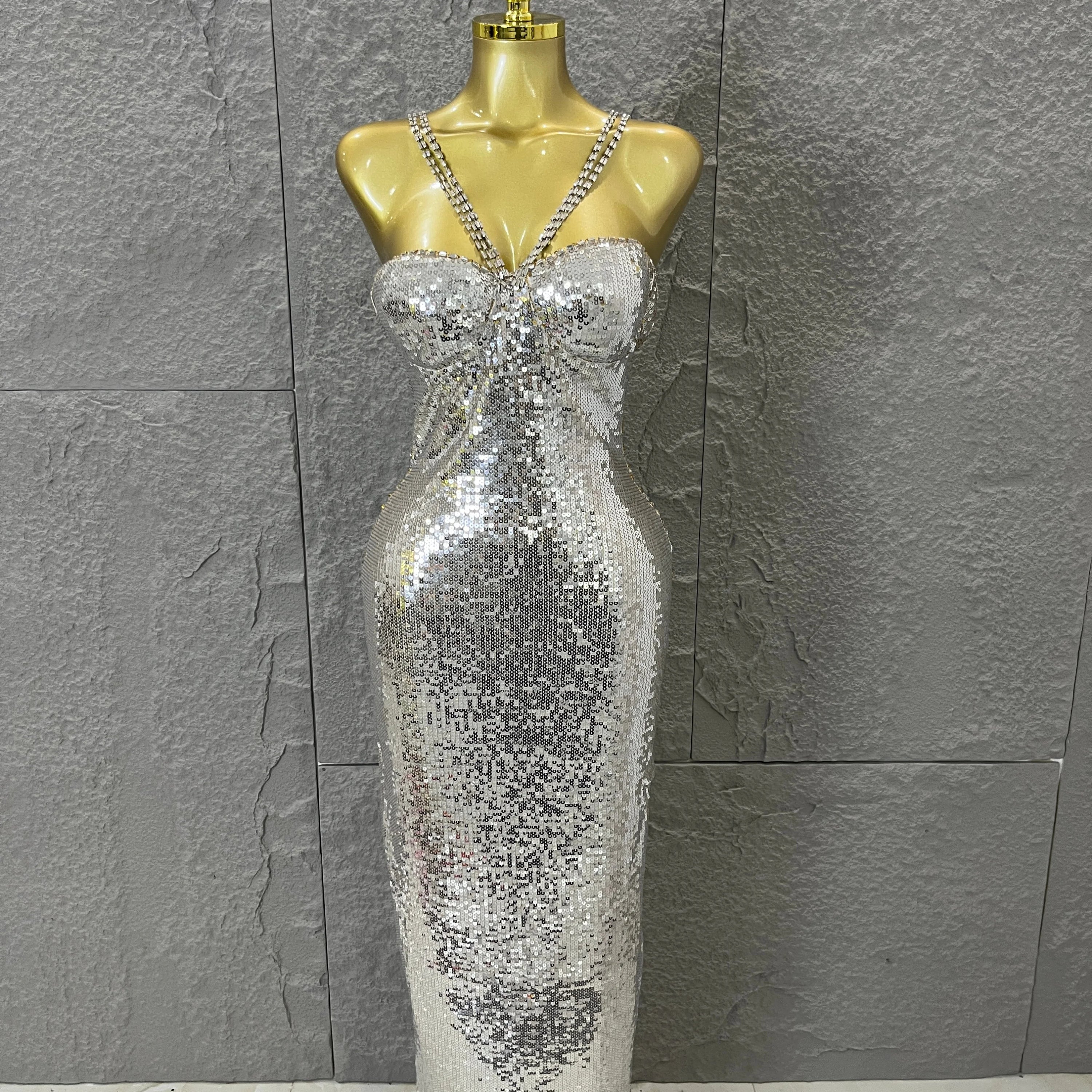 Classic Gold Sequin Mermaid Dress Rhinestone Chain Shoulder Straps Sweetheart Neck Formal Evening Gala Photoshoot Cocktail Party