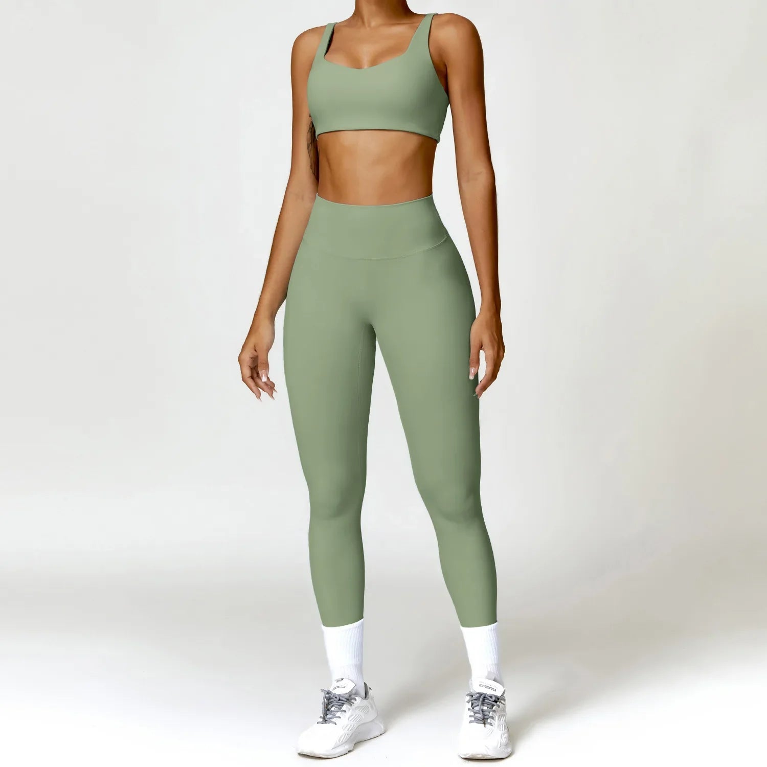 Women Tracksuit Yoga Set 2PCS Sportswear Workout Clothes Athletic Wear Gym Legging Fitness Bra Crop Top Long Sleeve Sports Suits Green Set-2