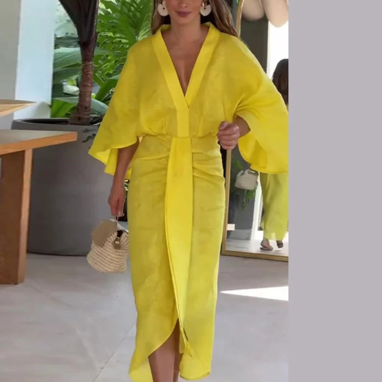 Women Fashion Loose Flare Sleeves Pleated Midi Dress Elegant Solid V-neck High Waist Slim Dresses Female Highstreet Vestidos