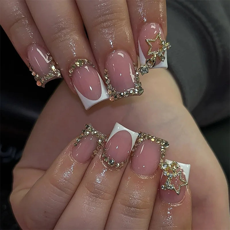 24Pcs Short Square False Nails French 3D Bow Design Wearable Full Cover Nail Tip Glitter Edge Artificial Press on Fake Nails Art 2XG1-13130