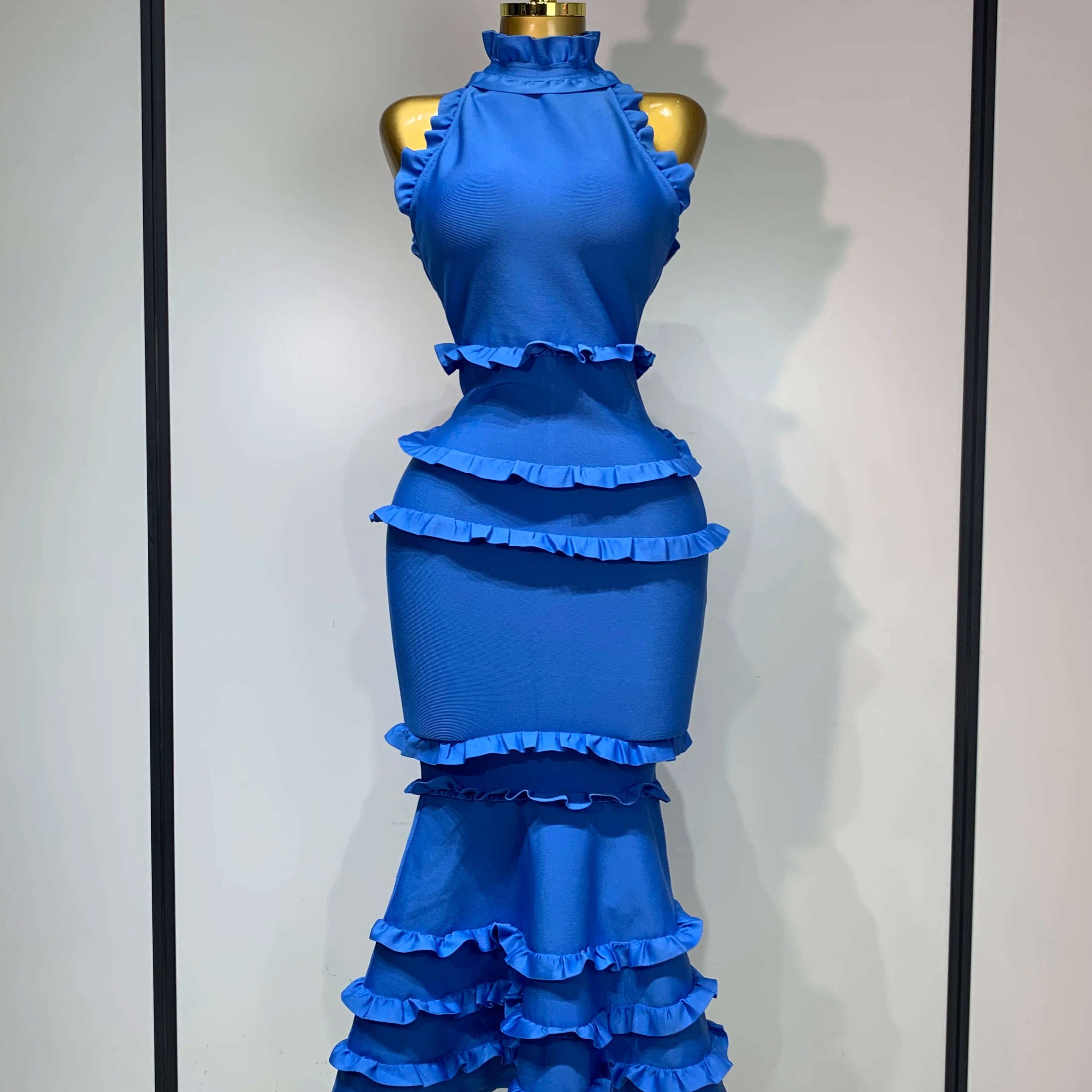 2025 New High quality White Elagant Retro Ruched High Collar Bodycon Bandage Dress Evening Party Fashion Simple Birthday Gown Blue