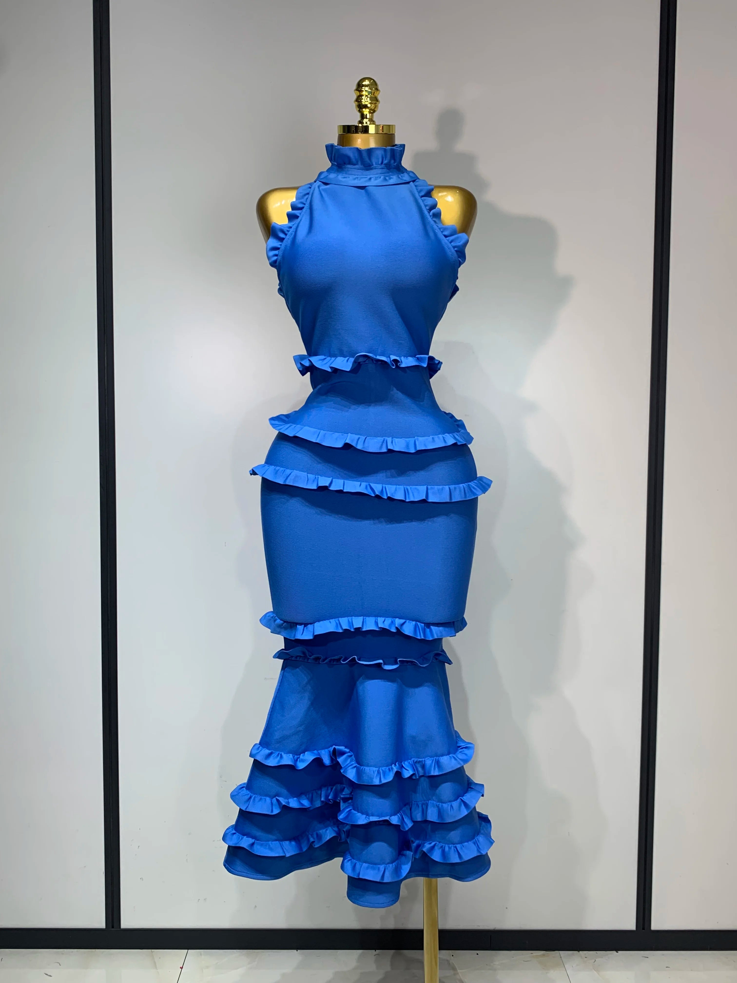 2025 New High quality White Elagant Retro Ruched High Collar Bodycon Bandage Dress Evening Party Fashion Simple Birthday Gown Blue