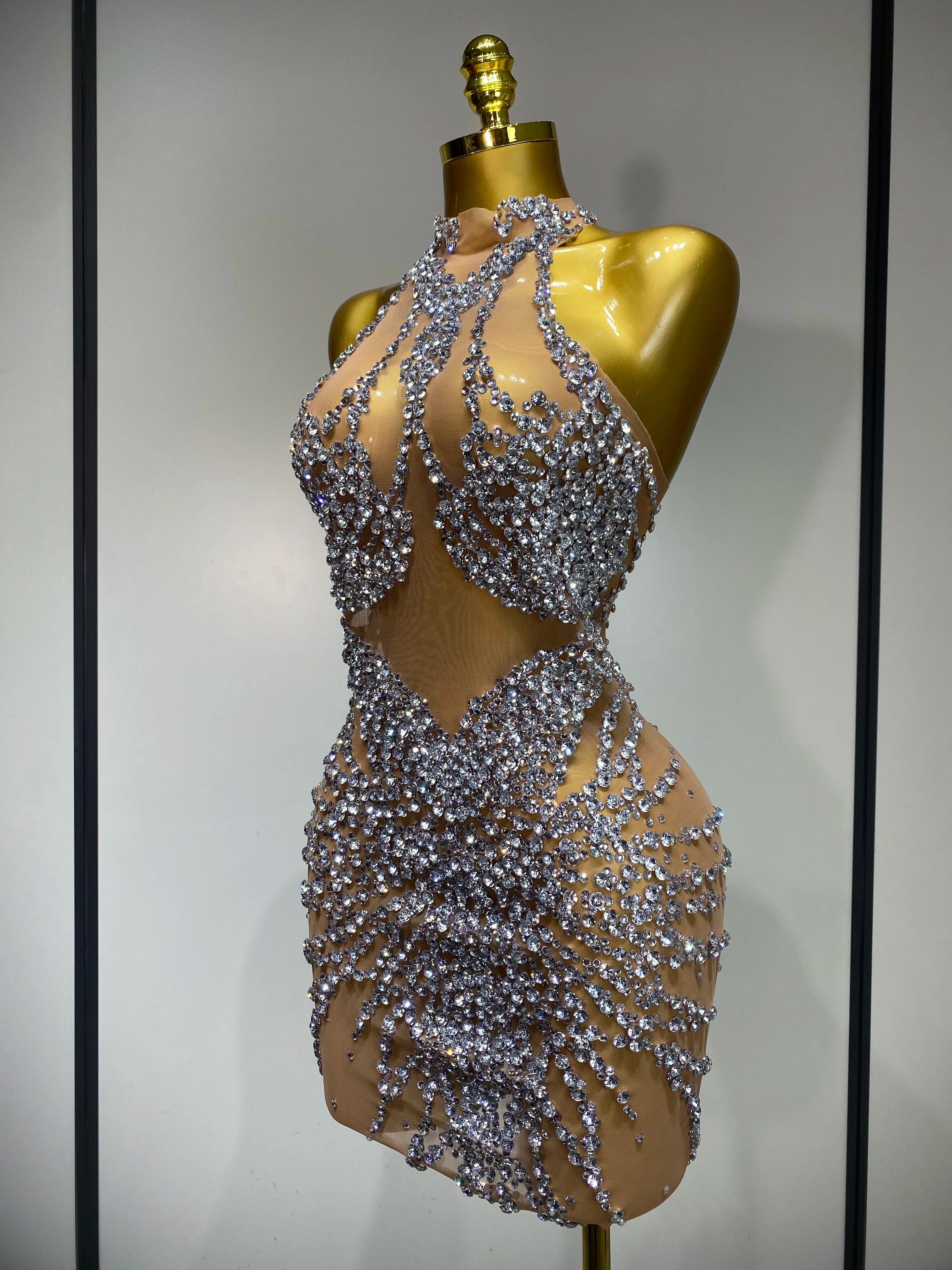 Luxury Rhinestones Mesh Transparent Prom Mini Dress Shinny Women Birthday Celebrate Party Prom Nightclub Outfit Stage Costume